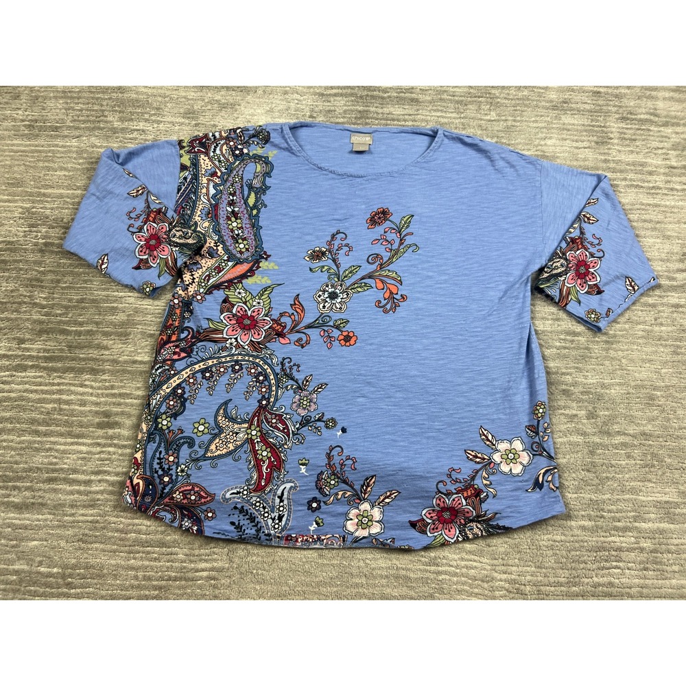 Chico's Top Womens 1 M Blue Paisley Floral 3/4 Sleeve Slub Knit Cotton Modal